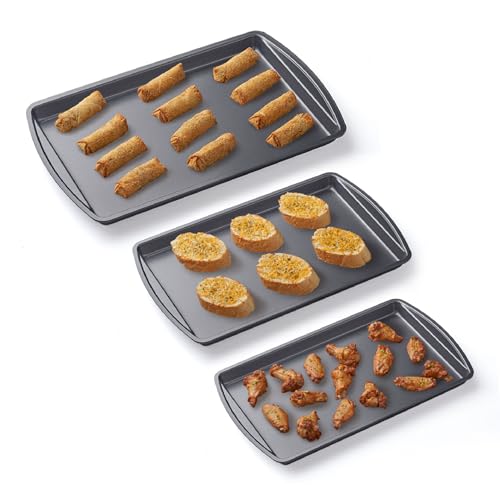 (Set of 3) Cookie & Baking Sheets– Non-Stick Coated Steel, Dishwasher Safe, Oven Safe up to 450 Degrees, includes Large/Med/Small Pans