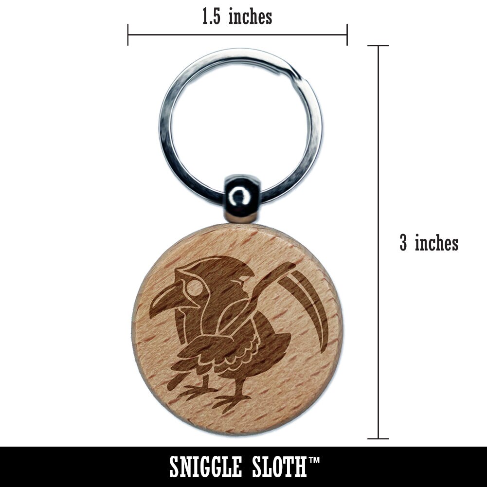 Reaper Raven Hood Scythe Engraved Wood Round Keychain Tag Charm