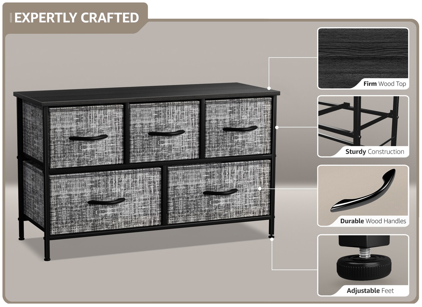 Sorbus Dresser with 5 Drawers - Storage Chest Organizer Unit with Steel Frame, Wood Top, Easy Pull Fabric Bins - Long Wide TV Stand for Bedroom Furniture, Hallway, Closet & Office Organization