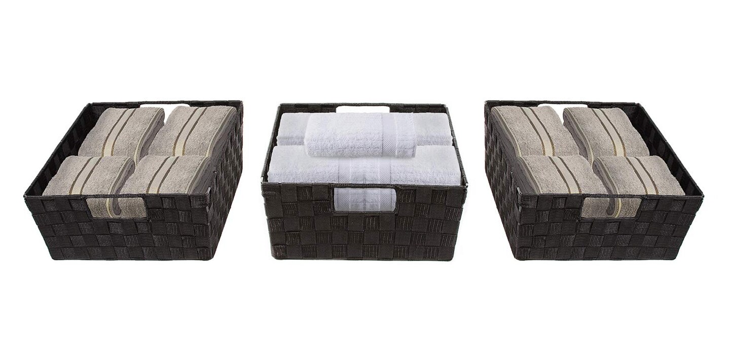 Sorbus Woven Basket Bin Set - Shelf Storage Tote Baskets for Household Items - Stackable with Woven Straps and built-in Carry Handles (3 Pack)