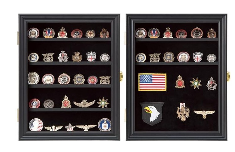 Military Challenge Coin Display Shadow Box - Pin Display Cabinet with Removable Shelves and Badge Pinnable Background Ribbons Buttons Insignia Small Black