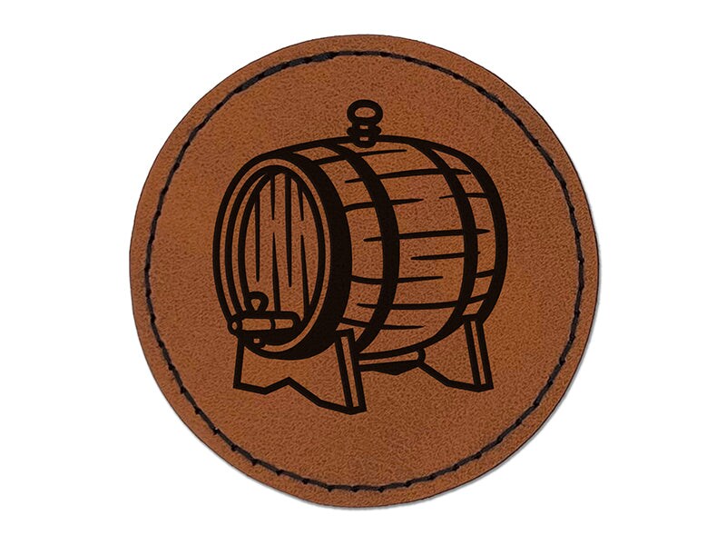 Serving Wine Wood Barrel Cask Round Iron-On Engraved Faux Leather Patch Applique - 2.5"