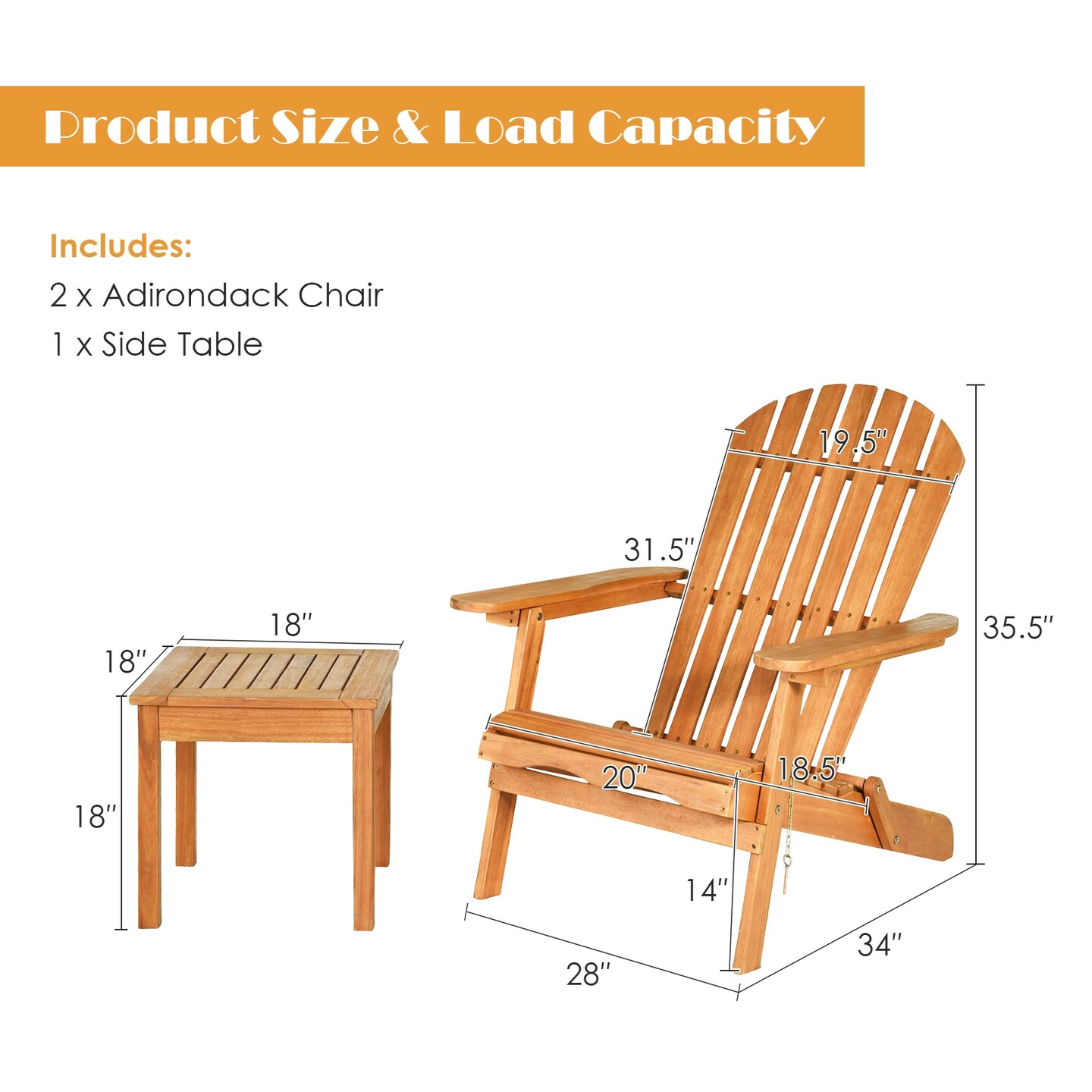 3 Pieces Fold-able Adirondack Chair Set with Widened Armrest