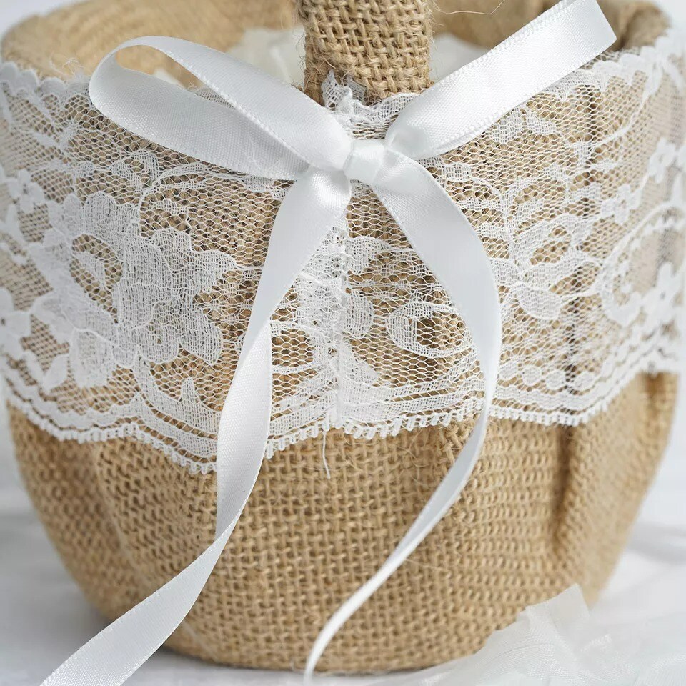 Natural Burlap with Satin Ribbon Lace Flower Girl Basket
