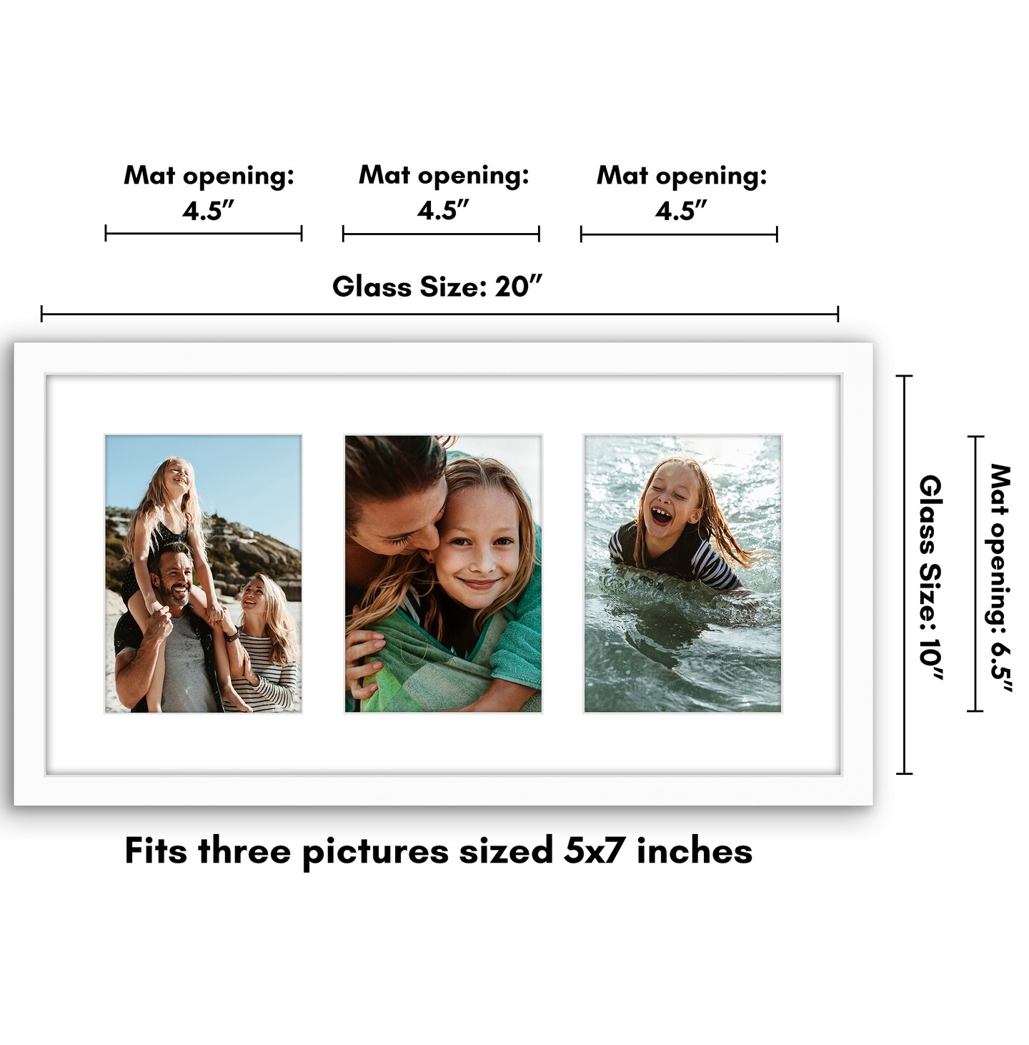 Americanflat 10x20 Collage Picture Frame - Displays (3) 5x7 Photos with Mat or (1) 10x20 Photo without Mat - Wall Gallery Decor - Plexiglass Cover - Hanging Hardware - Black