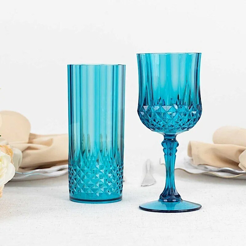 OCEAN BLUE 6 Plastic 8 oz Crystal Cut Goblets WINE GLASSES