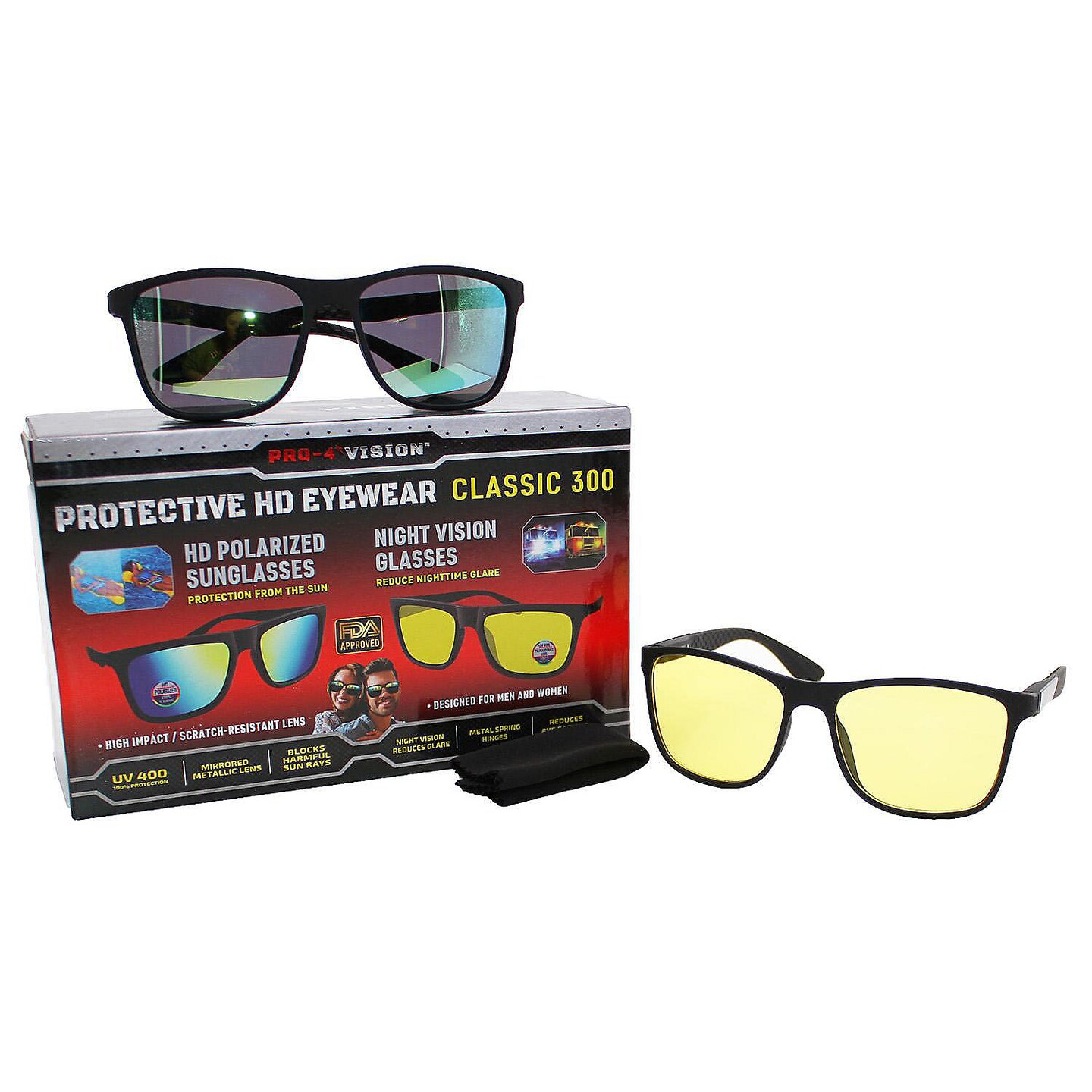Pro-4 Tactical Classic 300 HD Polarized Eyewear Set, Includes Pair of HD Polarized Sunglasses &#x26; Pair of Reduce Nighttime Glare Glasses