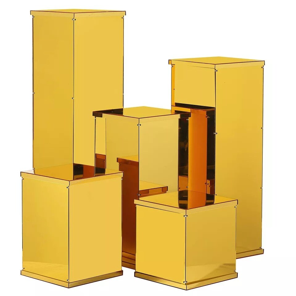 5 GOLD Acrylic DISPLAY BOXES Pedestal Riser Centerpiece