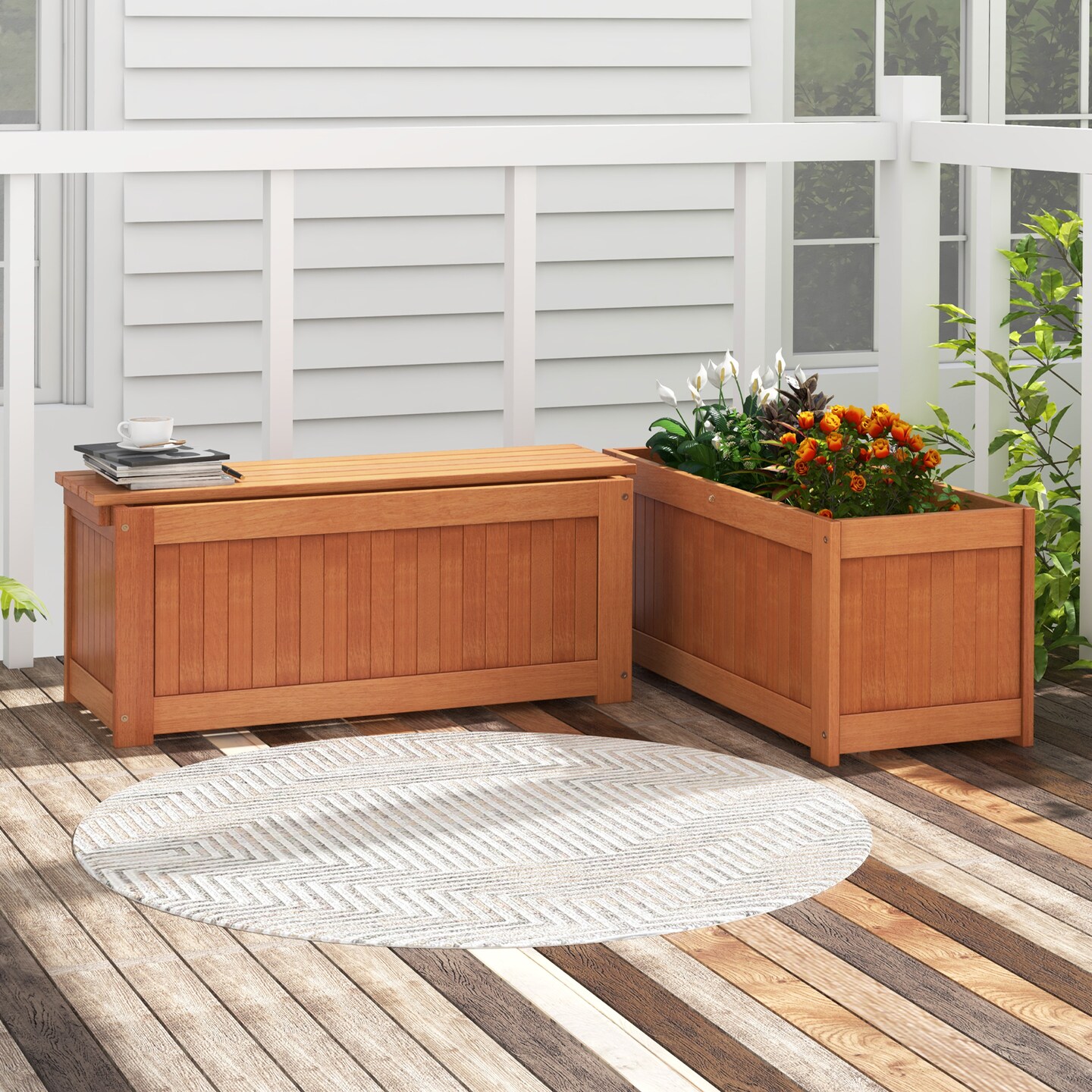 Raised Garden Planter Box with Bench Wooden Outdoor Planter Bed Natural