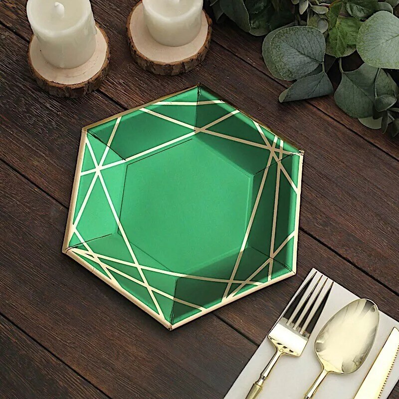 25 Hunter Green 7&#x22; Hexagon Paper Salad Dinner Plates Gold Trim