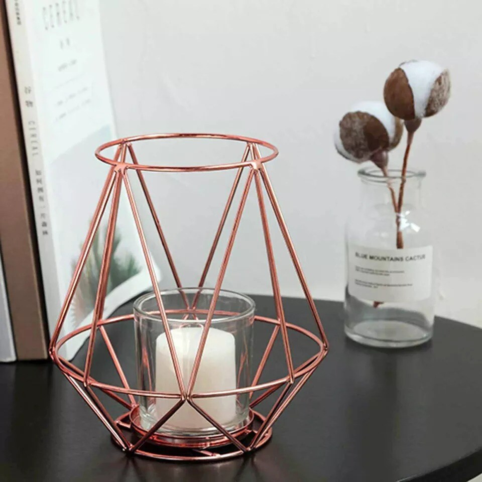 2 pcs ROSE GOLD 7&#x22; tall Geometric Design Metal Tealight Holders