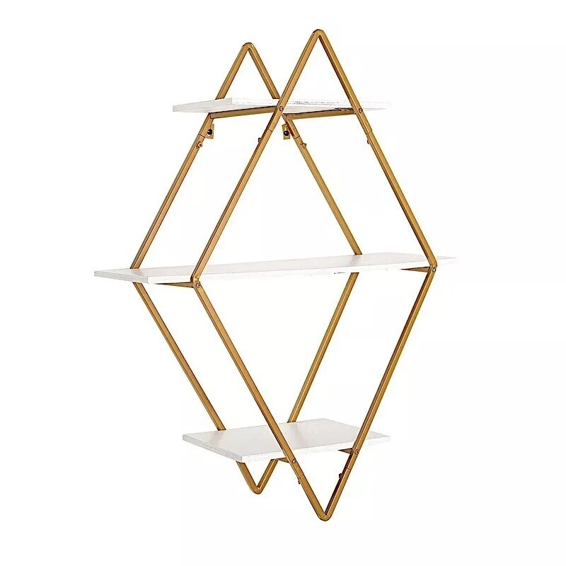 WHITE GOLD 31" Diamond 3 Tier Metal Wood Geometric HANGING SHELF