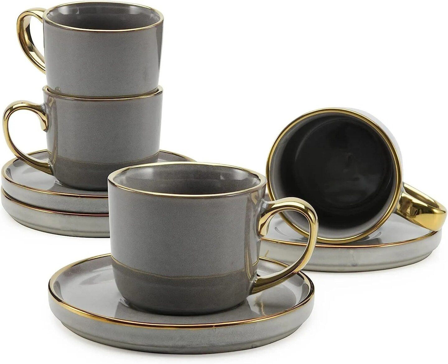 American Atelier Gold Rimmed Teacup and Saucer, Set of 4 | 7.6 Oz - Gray
