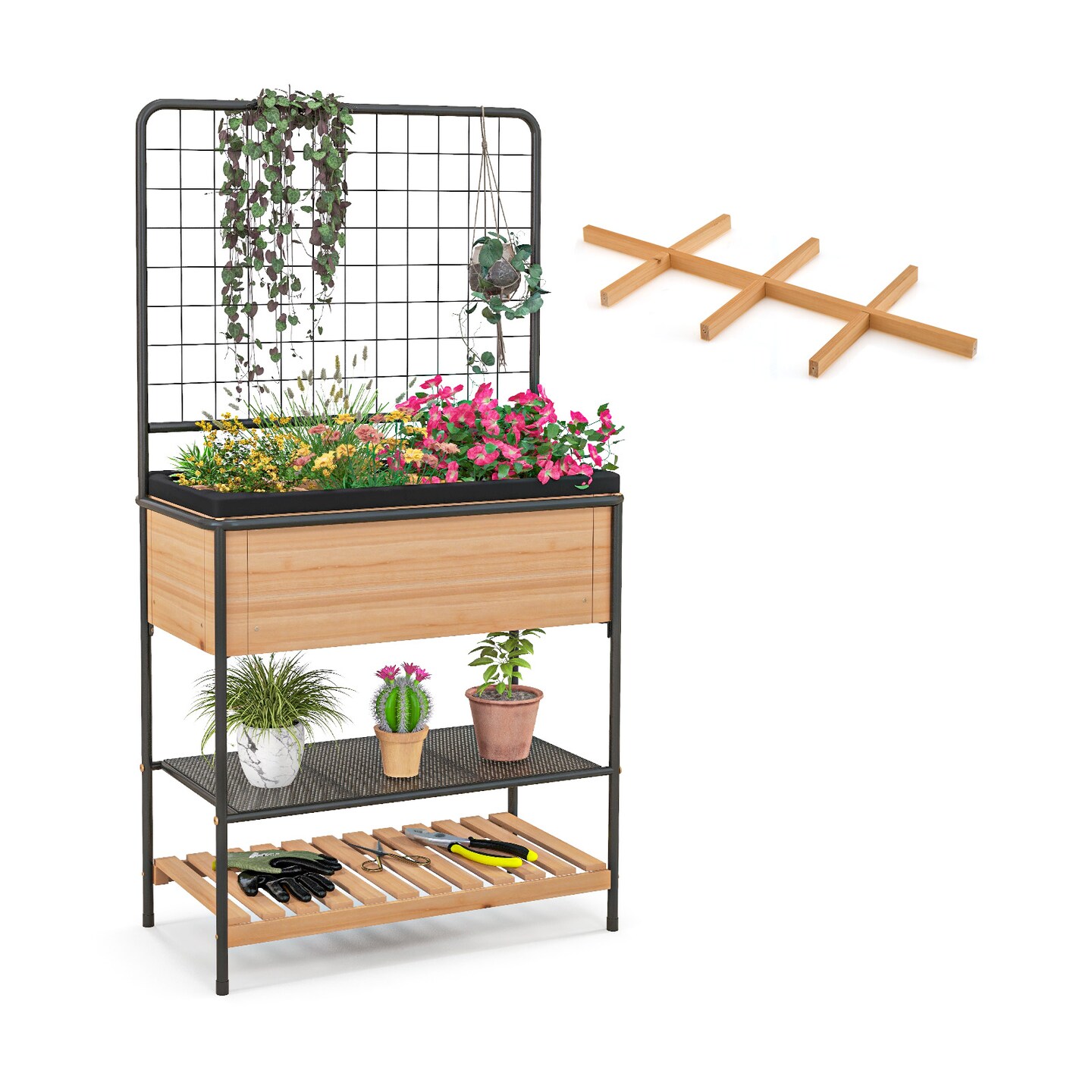 Raised Garden Bed With Trellis 2-tier Storage Shelves-Natural