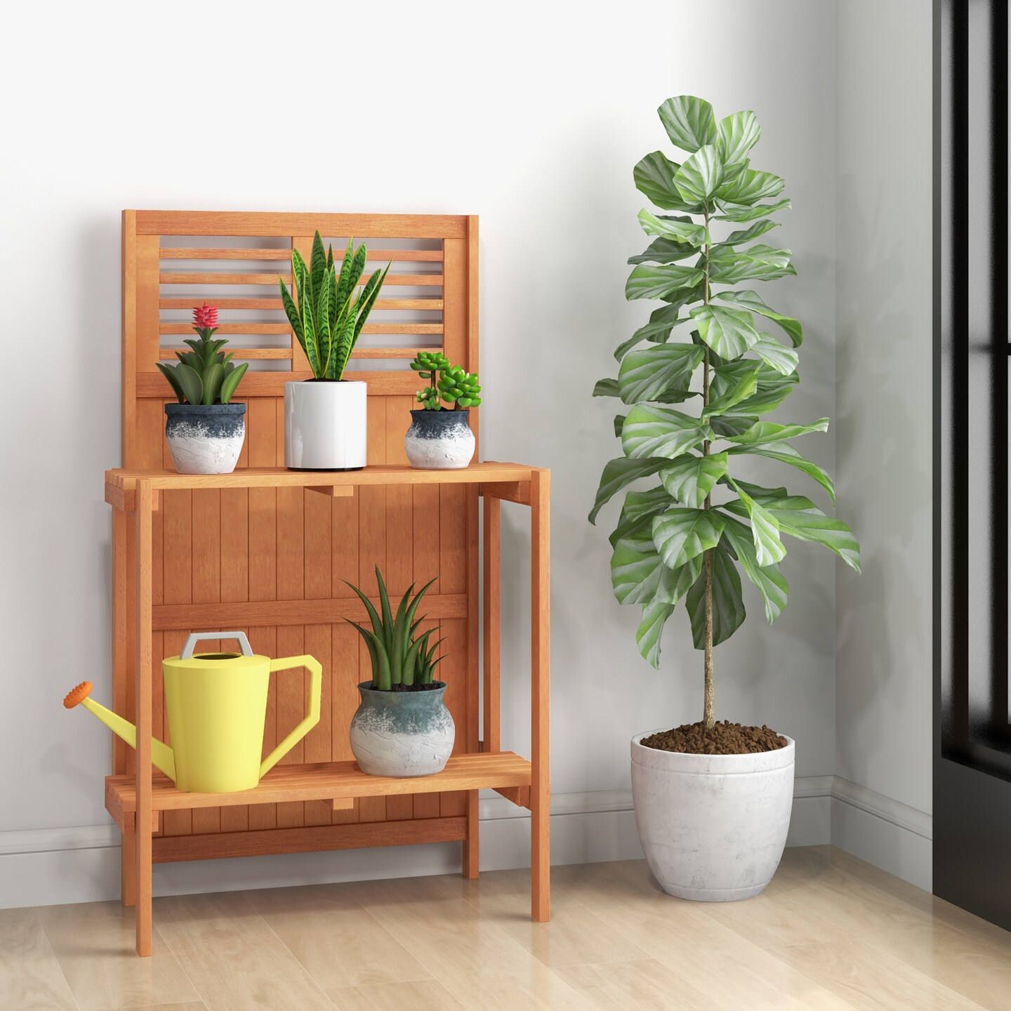 Foldable Wood Potting Bench Gardening Workstation 2-Tier Storage Natural