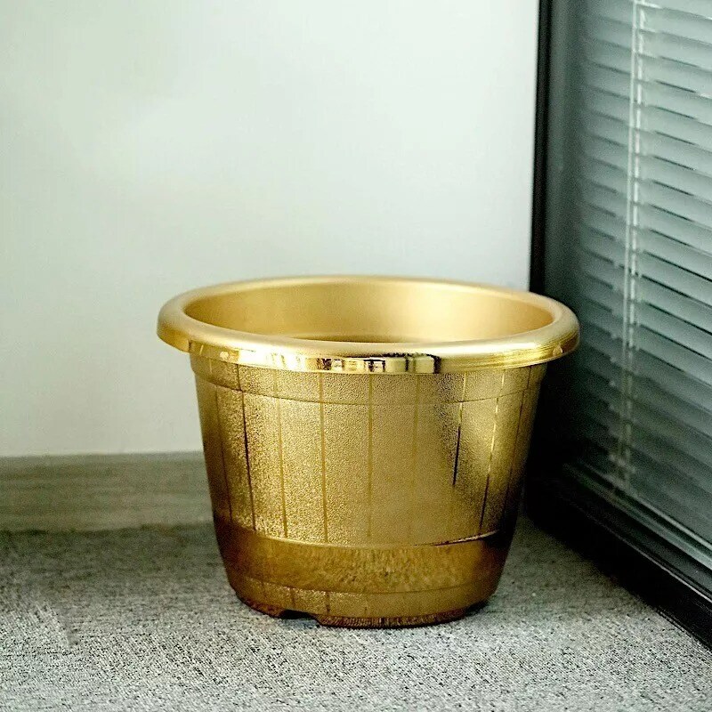 GOLD 10&#x22; PLASTIC FLOWER PLANT POT Metallic Barrel Design