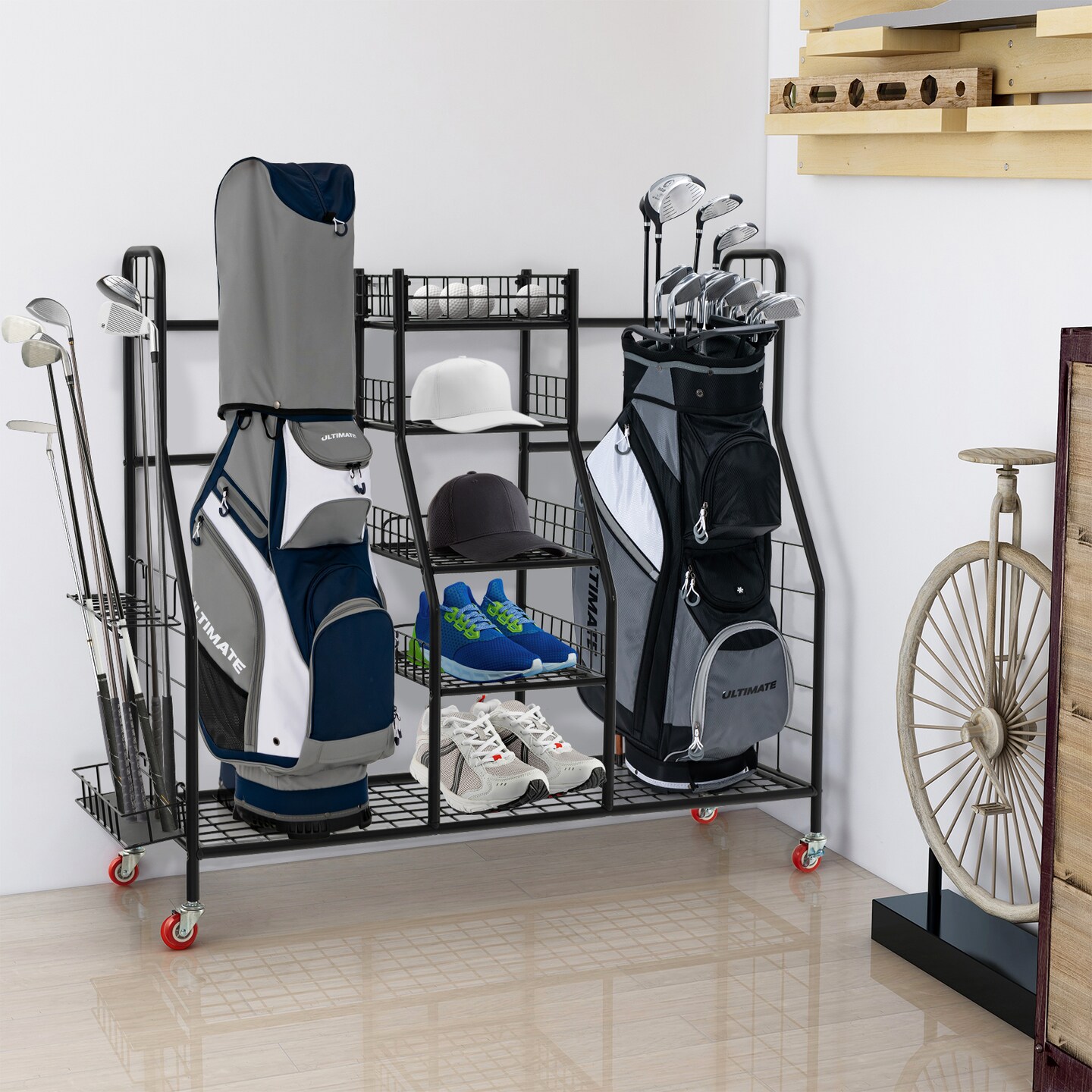 Double Golf Bag Rack with Removable Golf Club Stand and Wheels-Black