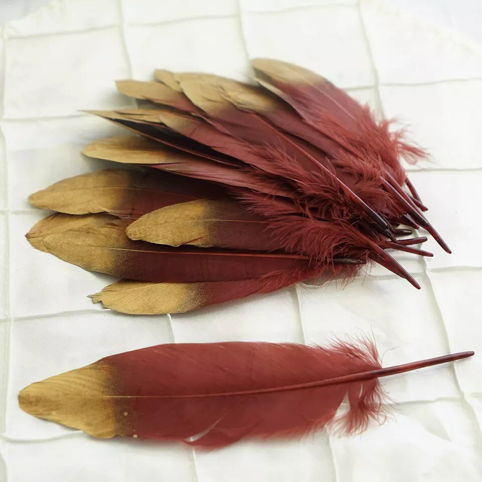 90 BURGUNDY with Metallic Gold Tip Natural Goose Feathers