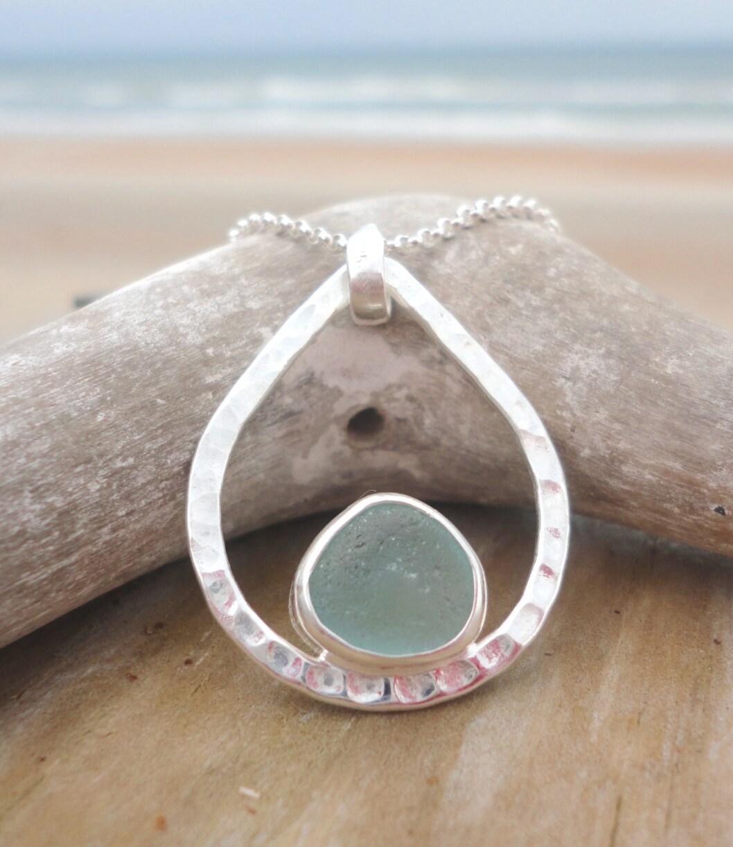アクセサリー seya. CLAY GLASS DROP NECKLACE Sea Glass Teardrop Necklace, Sterling Silver Aqua Teardrop