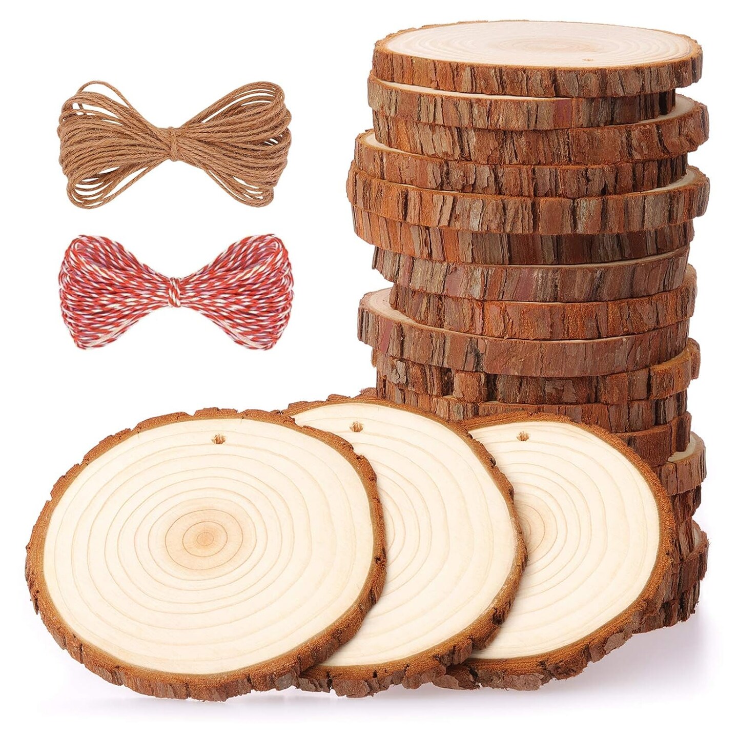 Natural Wood Slices 20 Pcs 3.5-4 Inches Craft Wood Kit Unfinished Predrilled with Hole Wooden Circles Tree Slices for Arts and Crafts Christmas Ornaments DIY Crafts