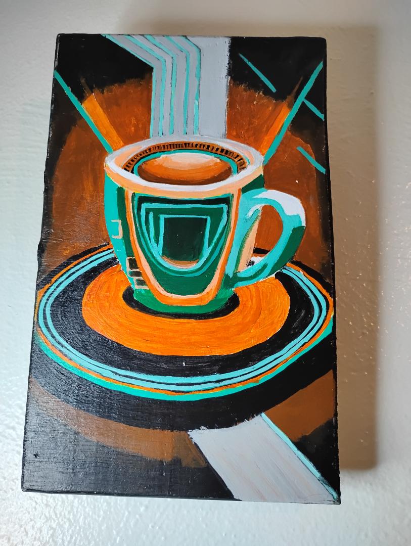 Hand painted Techno Coffee Cup on Wood. Measures 11x7x1 inches. Sawtooth  Hanger. Sealed for protection. Artist signed and dated on back. One |  MakerPlace by Michaels