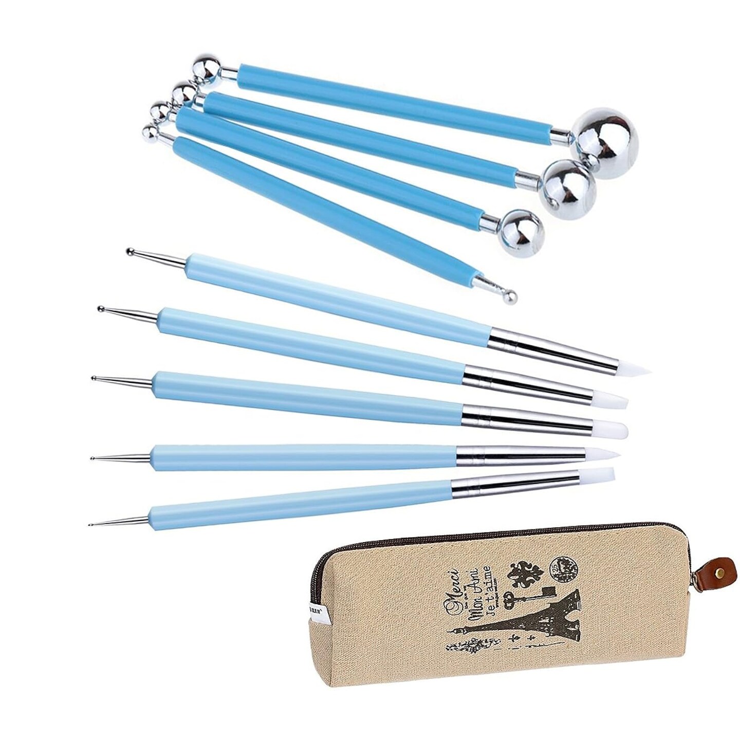 9 PCS Sculpting Tools,4PCS Double-Ended Metal Ceramic Clay Ball Stylus Dotting Tools and 5PCS 2 Way Silicone Polymer and Embossing Paper Flower Indentation Tool Set