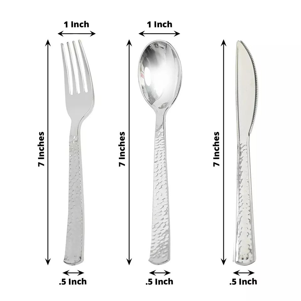 SILVER 24 Hammered Design 7&#x22; Plastic CUTLERY Spoons Forks