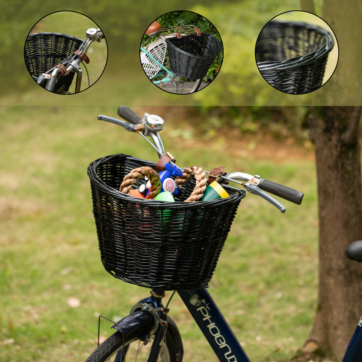 Wicker Front Cargo Bike Basket - Perfect for Riders of All Ages and Genders - for Beach Cruiser, Stationary Bike, E-bike, or Road Bike with Stylish Faux Leather Straps