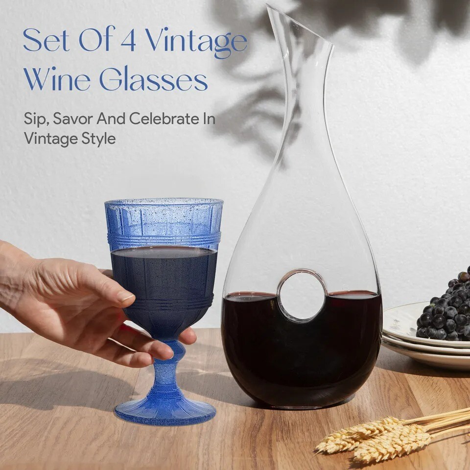 American Atelier Vintage Blue Bubbles Wine Glasses Set of 4, 11 oz - Blue