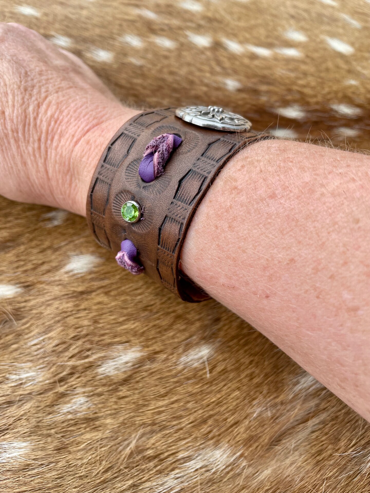 Brown Leather cuff bracelet, western tooled gift for women, floral