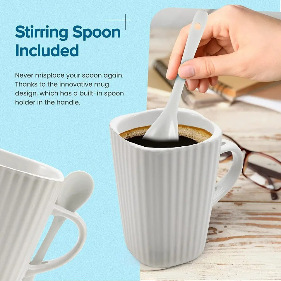 American Atelier Mug and Spoon Set, 14 Oz, Large Ceramic Coffee, Set of 4