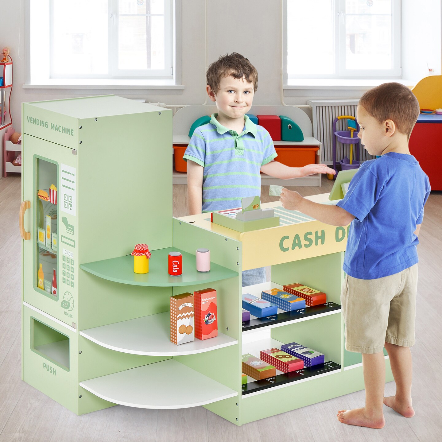 Kids Wooden Supermarket Play Toy Set With Checkout Counter-Green