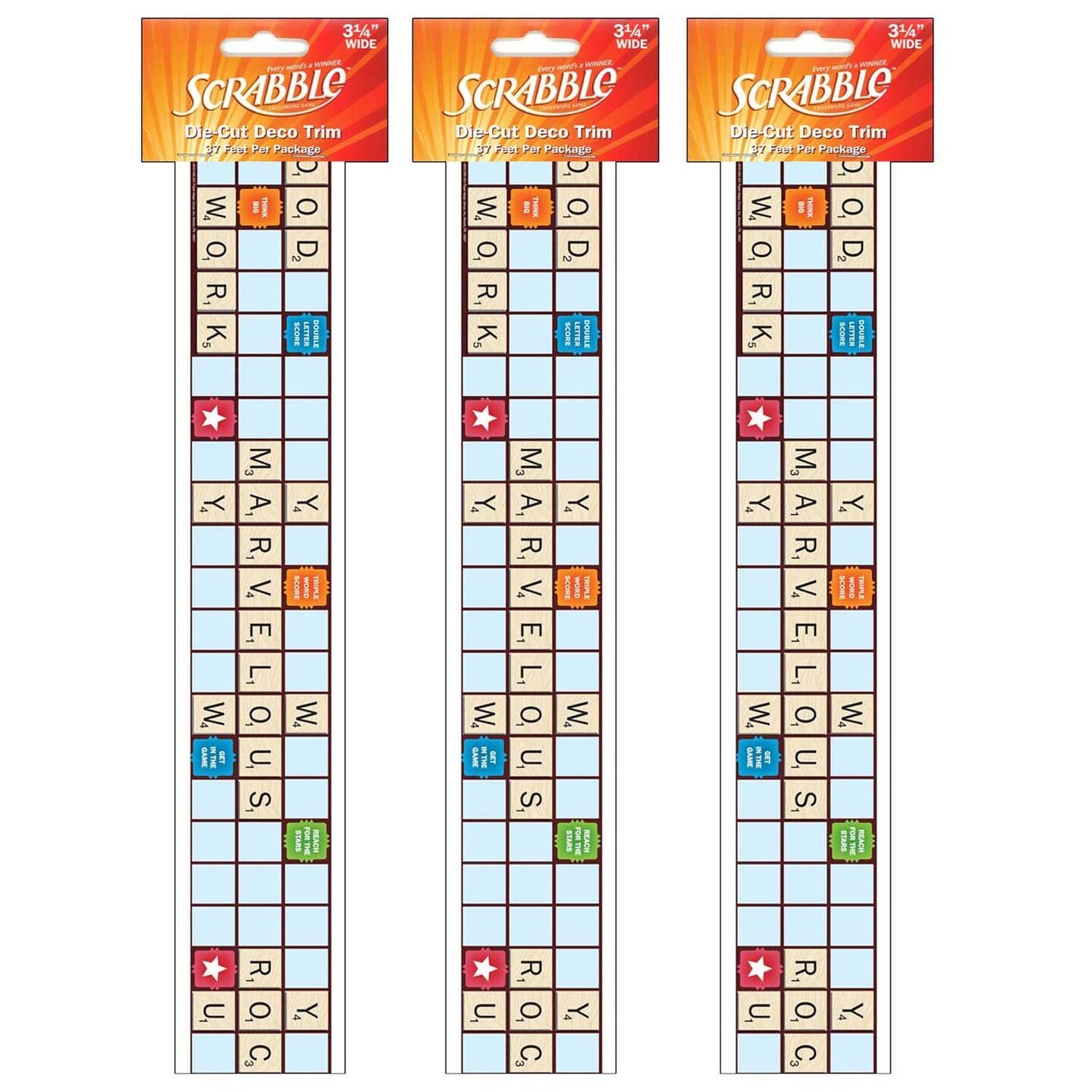 Scrabble&#x2122; Letters Extra Wide Die Cut Deco Trim&#xAE;, 37 Feet Per Pack, 3 Packs
