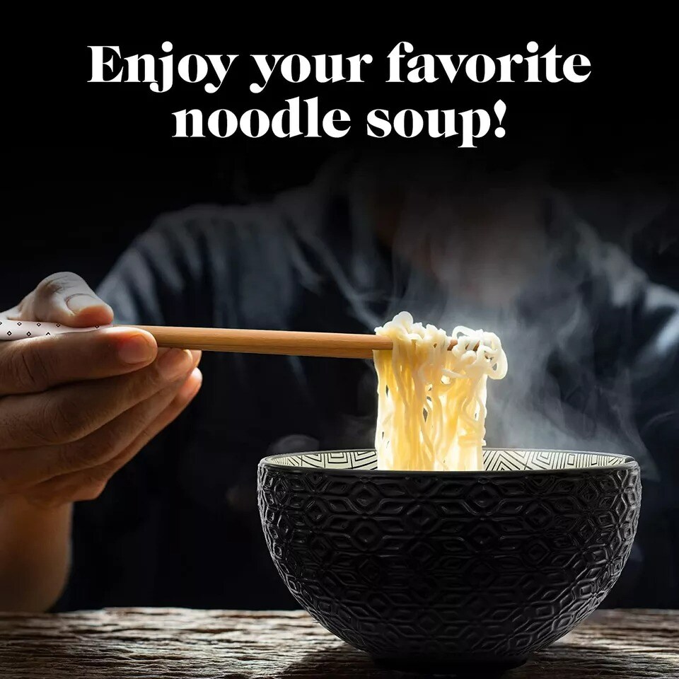 American Atelier Ramen Bowl with Chopsticks | Set of 2 | Embossed Black Design