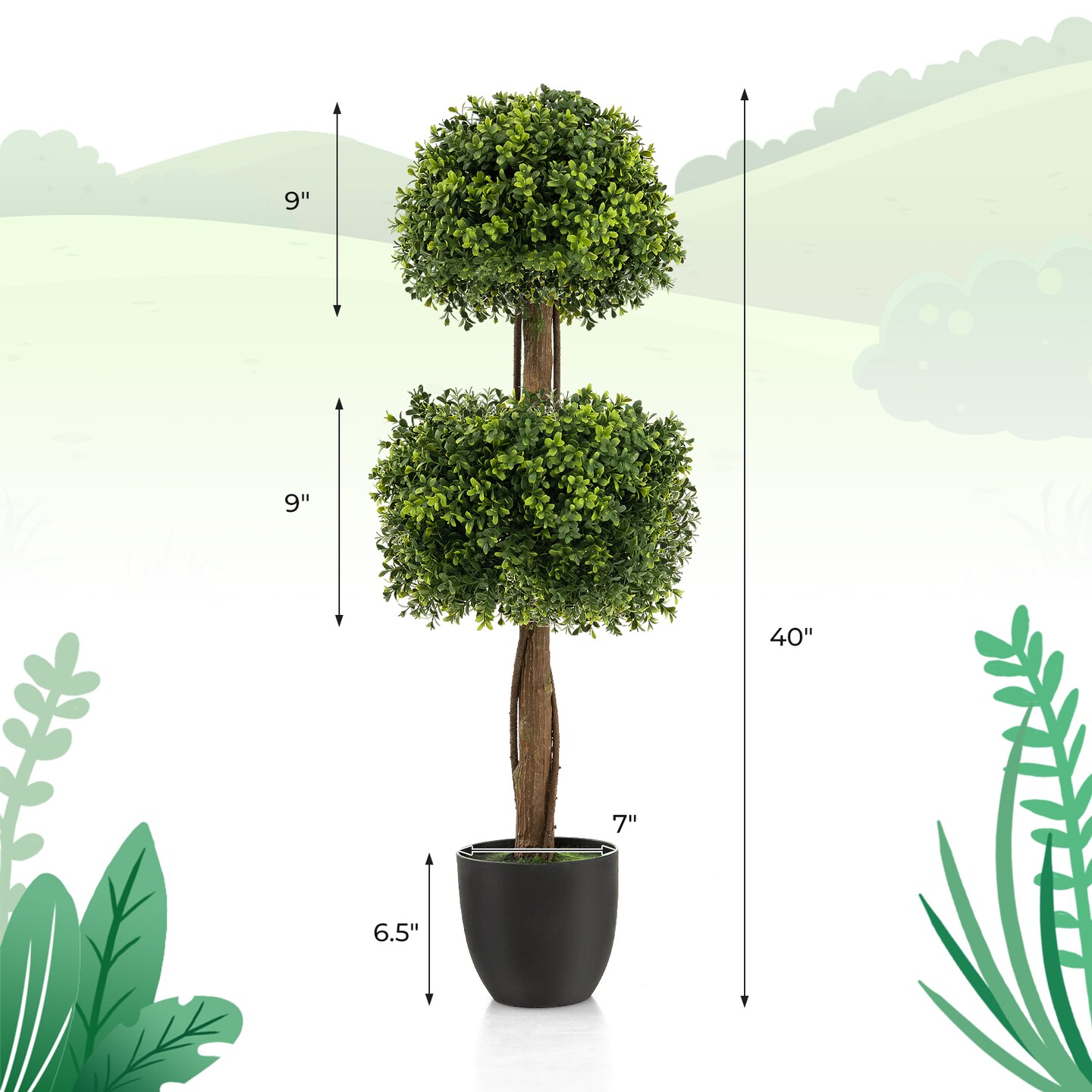 40 Inch Artificial Boxwood Topiary Ball Tree Perfect for Indoor - Outdoor Use
