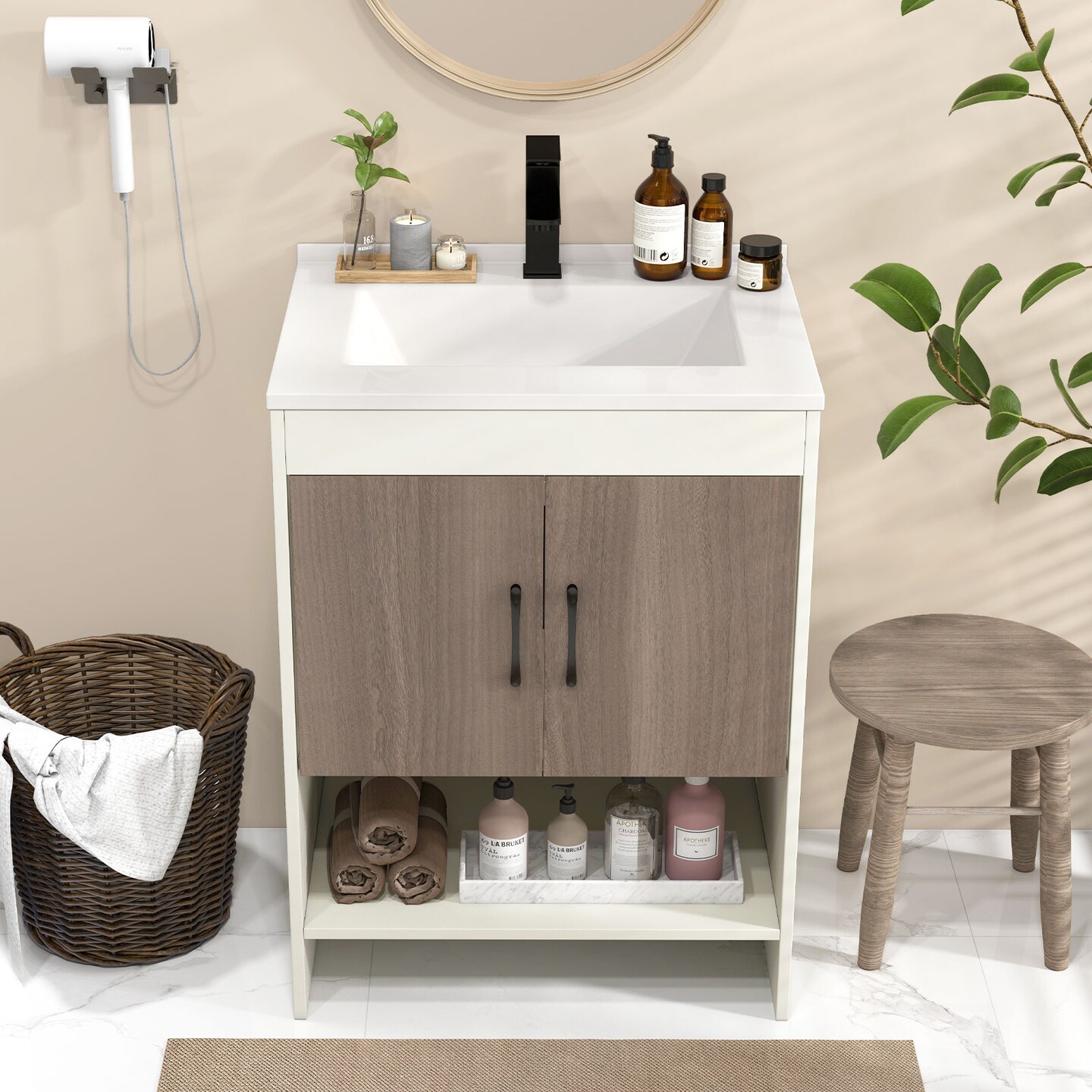 25" Bathroom Vanity Sink Combo Cabinet With Doors and Open Shelf