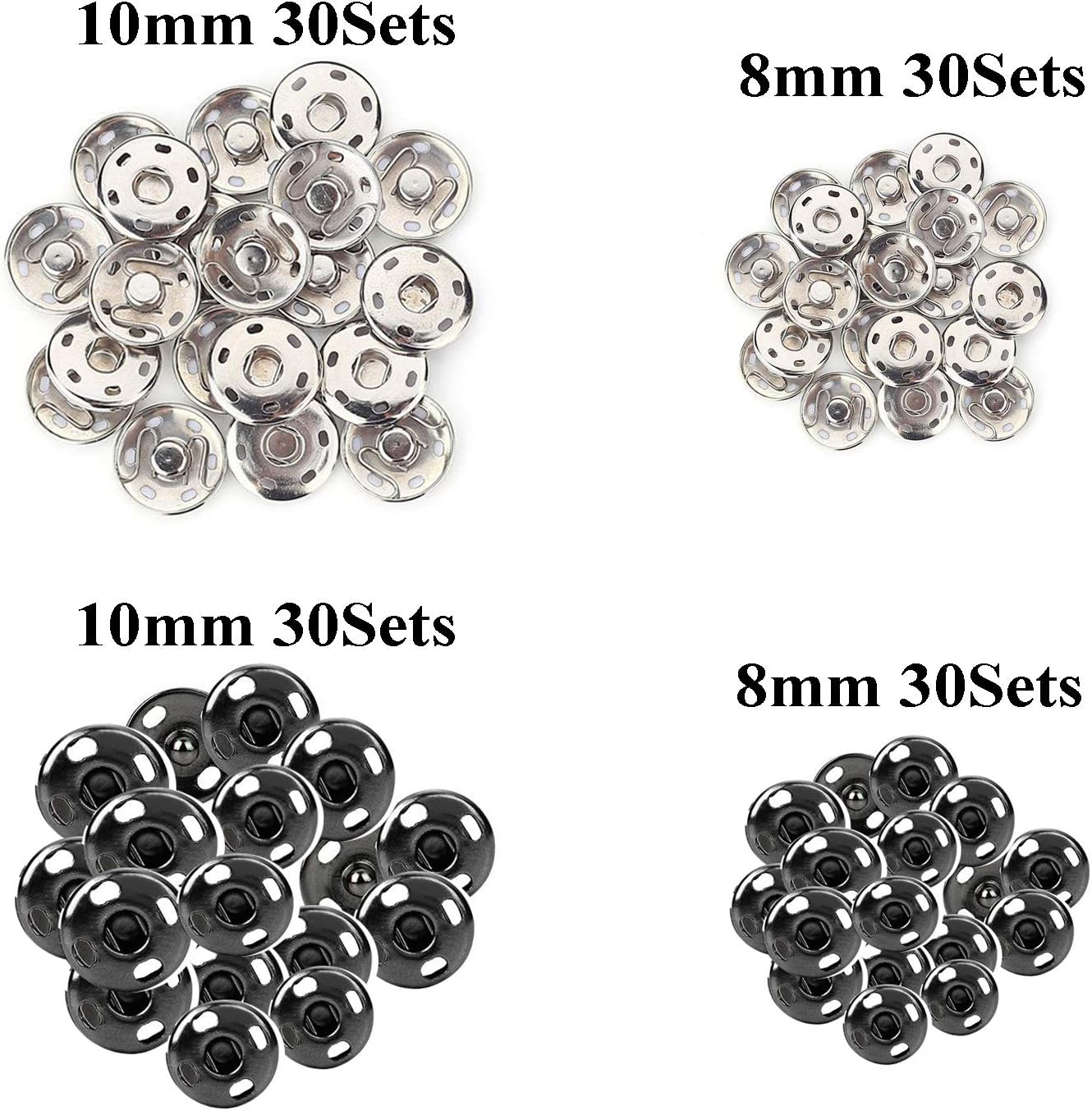 120 Sets Sew-on Snap Buttons Metal Snaps Fasteners Press Studs Buttons for Sewing, 8 mm and 10 mm,Black and Silver