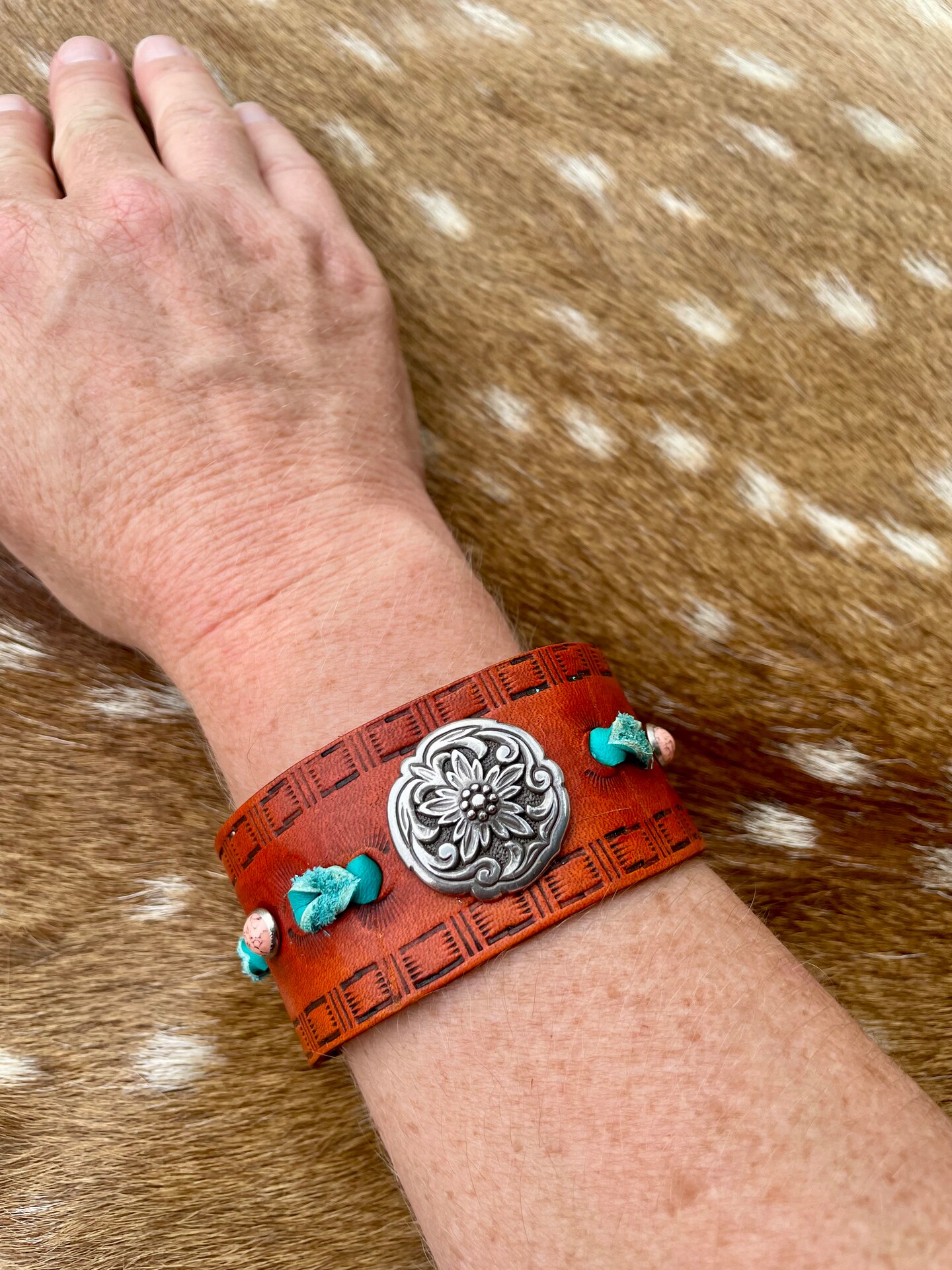 Brown Leather cuff bracelet, western tooled gift for women, floral