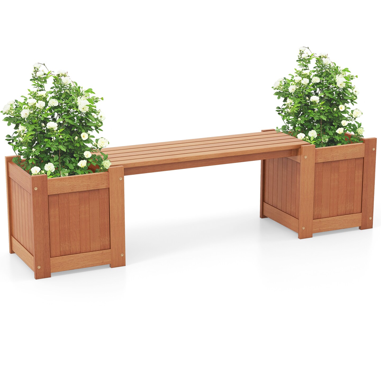 Outdoor Wooden Planter Box with Bench Raised Garden Bed Planter Natural