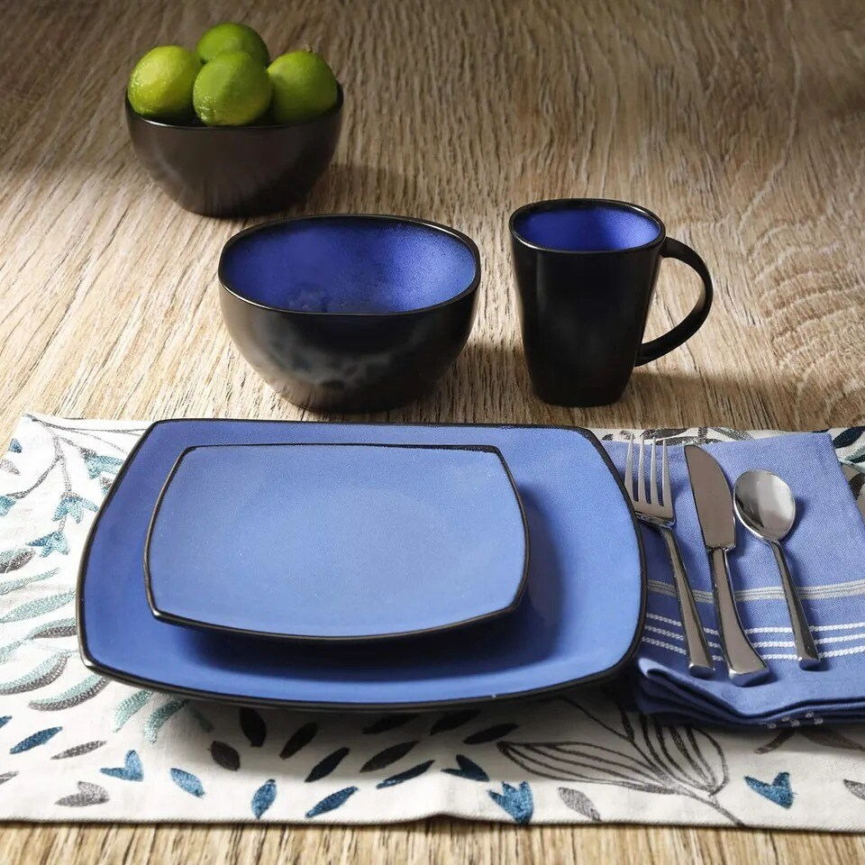 Gibson Soho Lounge 16 Piece Square Dinnerware Set, Blue