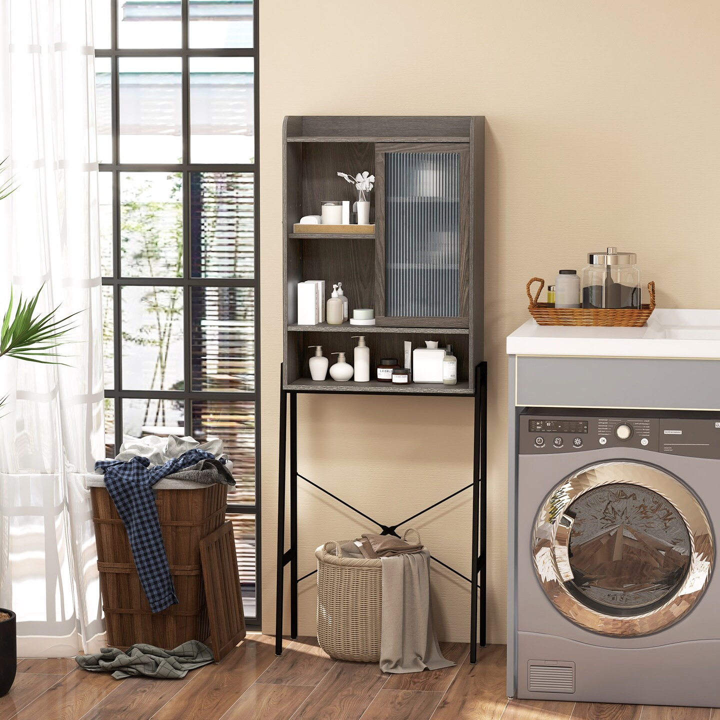 Over The Toilet Storage Cabinet With Sliding Acrylic Door And Adjustable Shelves-Gray