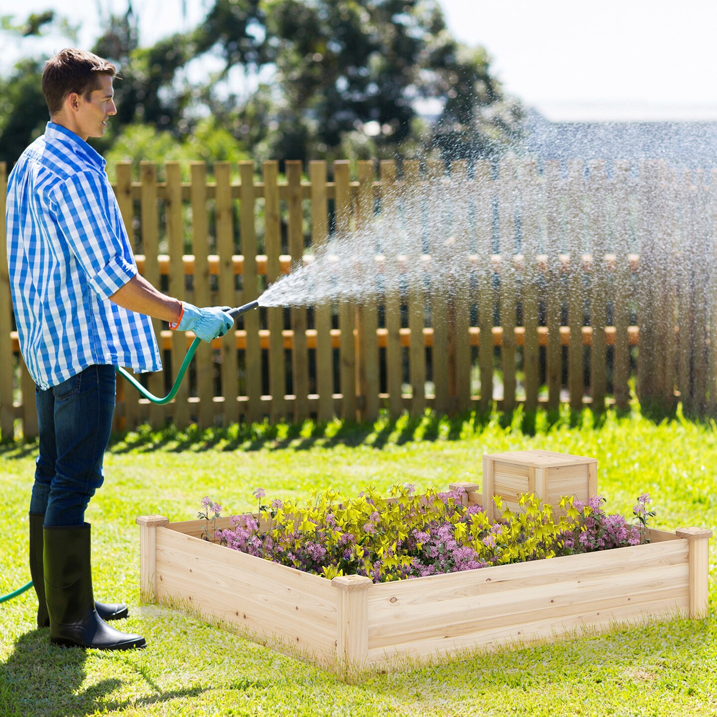 49&#x22; X 49&#x22; X 10&#x22; Raised Garden Bed With Compost Bin And Open-ended Bottom-Natural