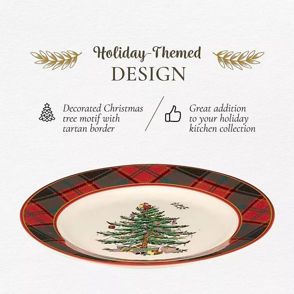 Spode Christmas Tree Tartan Salad Plate, 7.75 inch, Stoneware - 4 pieces
