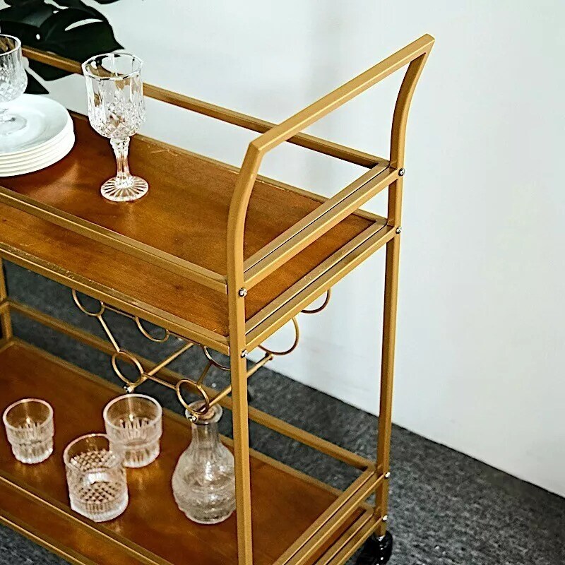 GOLD 3ft tall 2-Tier Rectangular Metal Bar Cart Wooden Serving Trays