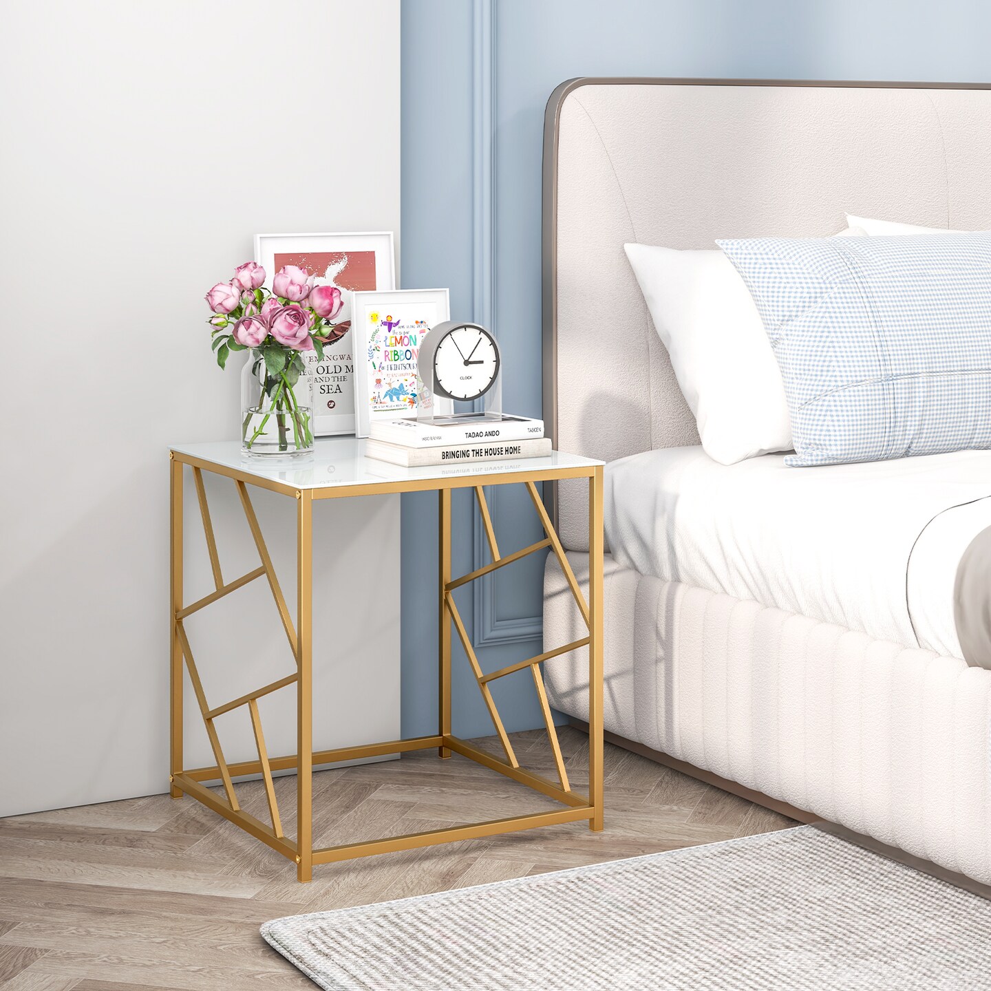 Square End Table With Tempered Glass Tabletop And Gold Finish Geometric Frame-golden