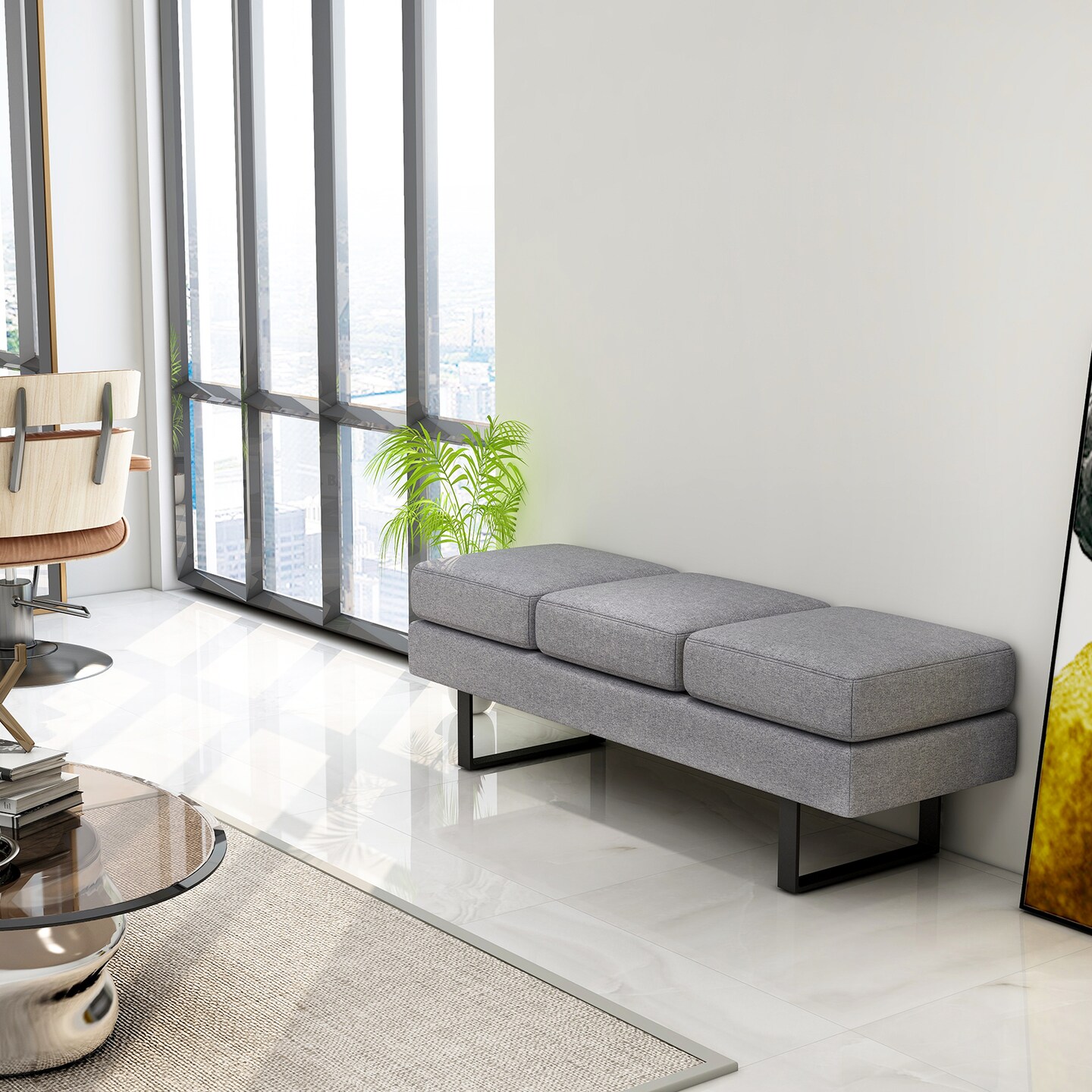 Waiting Room Bench Seating Long Bench With Metal Frame Leg-gray