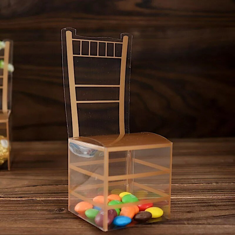 25 CLEAR GOLD Plastic FAVOR BOXES Chair Shaped Gift Holders