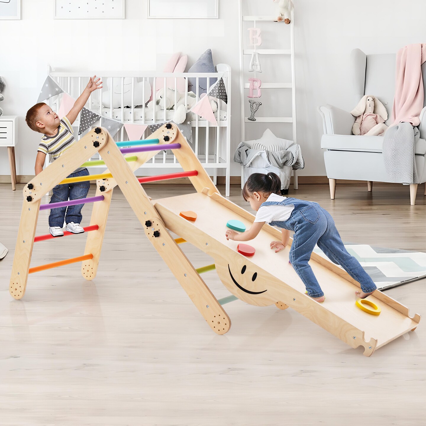 Climbing Triangle Ladder Toy Indoor Jungle Gym With Reversible Ramp-multicolor