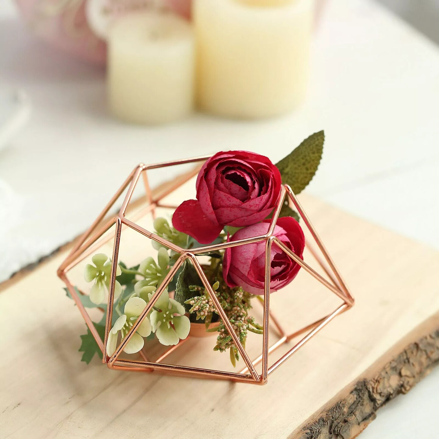 2 ROSE GOLD Geometric Metal Hexagon Flower Vases Candle Holders