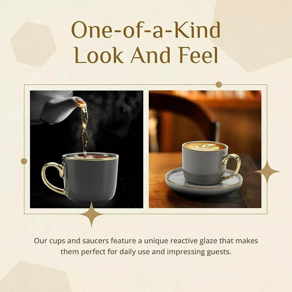 American Atelier Gold Rimmed Teacup and Saucer, Set of 4 | 7.6 Oz - Gray